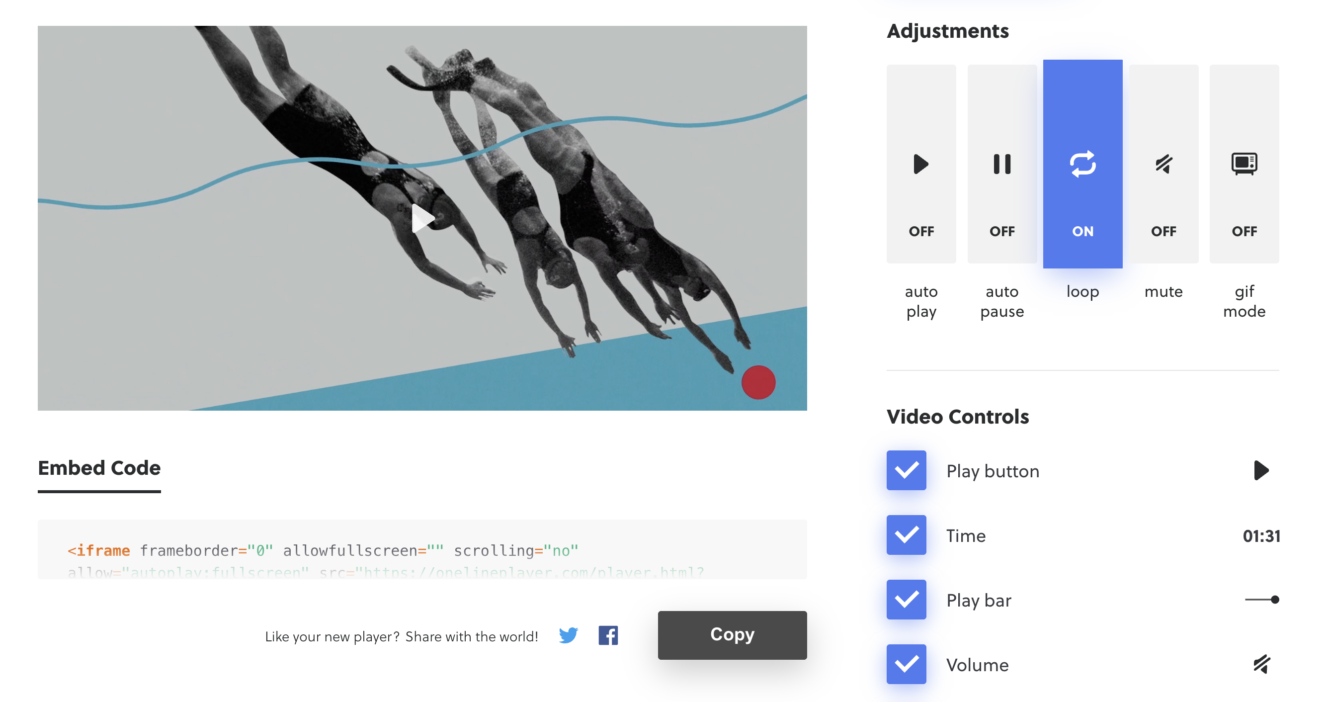 OneLinePlayer embed configurator with preview, loop toggle, and control checkboxes